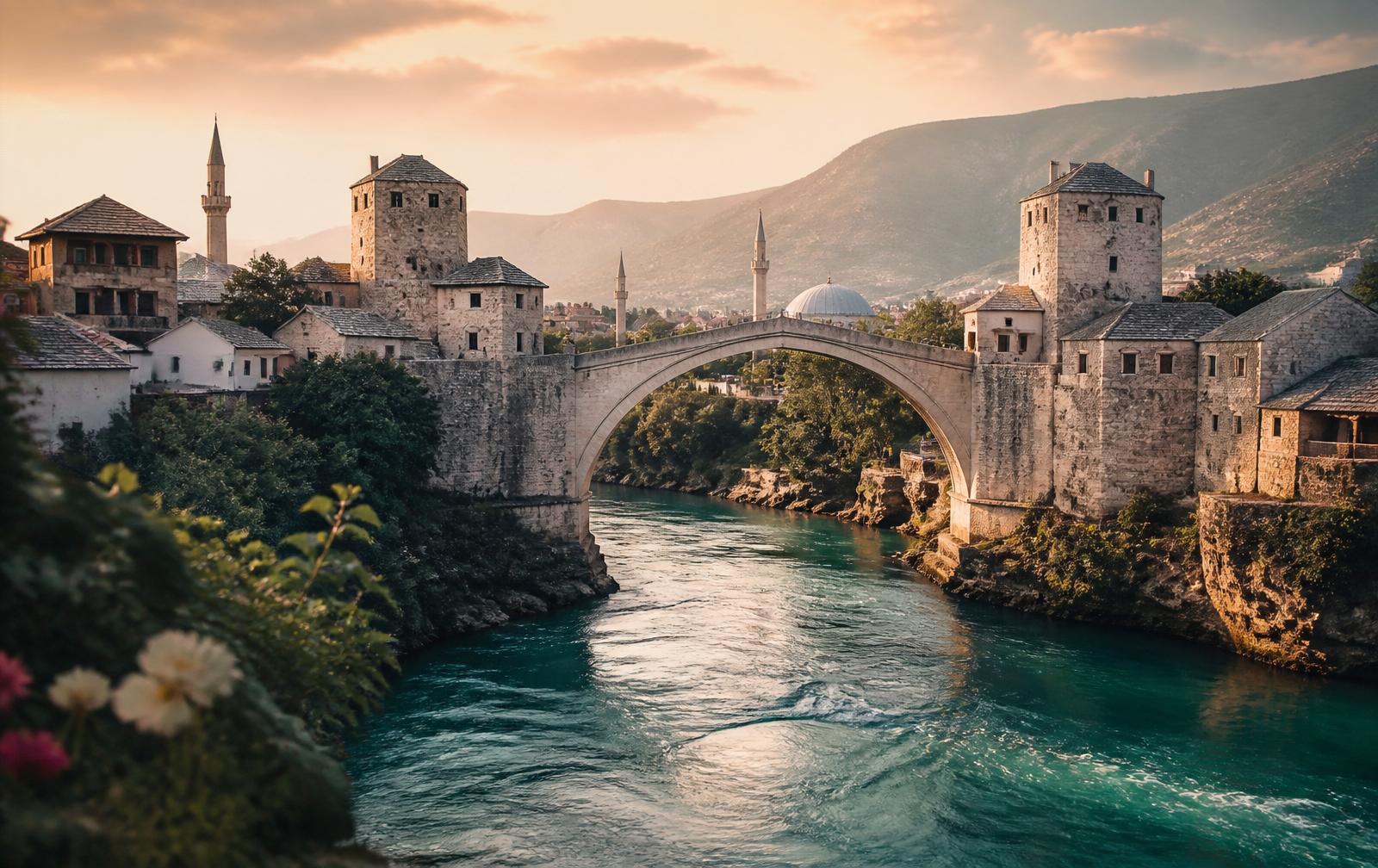 Stari Most-broen over Neretva i Mostar ved gyldent lys